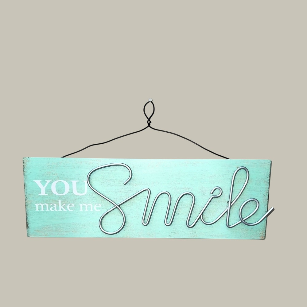 Rustic Wood‎ Wall Sign "You Make Me Smile" Teal Distressed Wire Art Decor 12x4